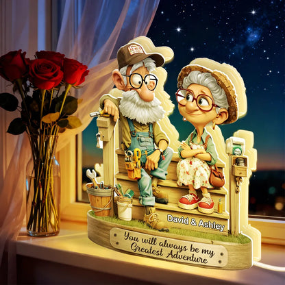 Personalized Acrylic Light Box with Elderly Couple on Porch, Warm Glow Keepsake, Unique Gift for Husband or Wife
