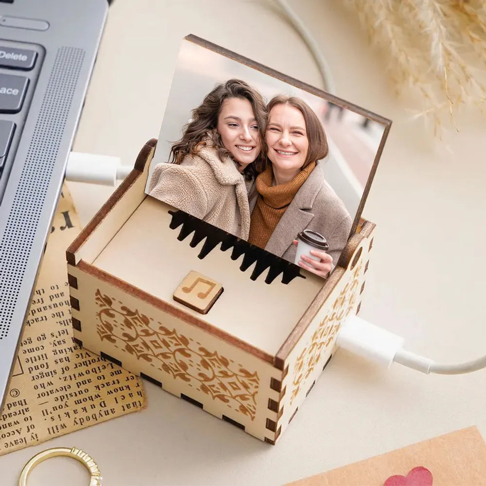 Personalized Wooden Music Box With Your Photo And Song - Romantic City Kiss Keepsake, Unique Gift For Couples