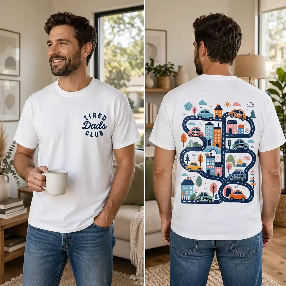 Personalized Classic Tee, Tired Dads Club & Play Cars on Dad's Back, Unique Father's Day Gift for Dad