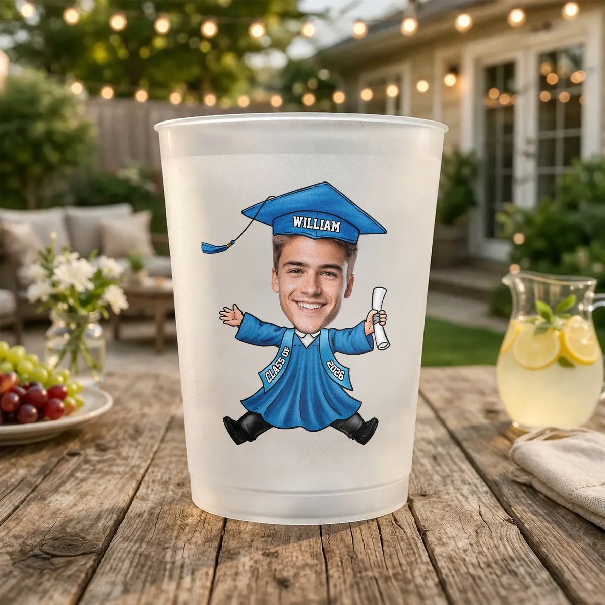 Personalized Frosted Plastic Cup with Smiling Graduate, Unique Creative Gift for Her Graduation Party