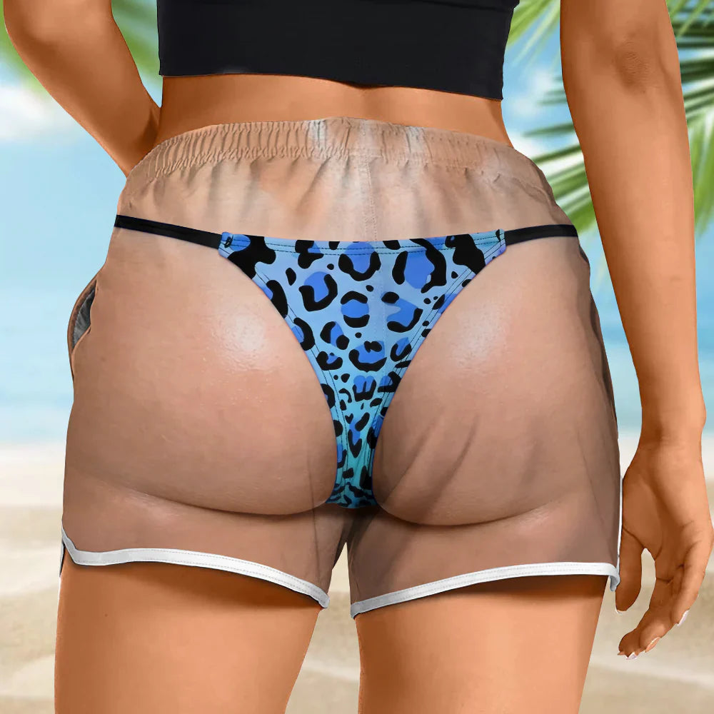 Women's Beach Shorts, Custom Funny Back View Bikini Illusion for Vacation Photos, Unique Gift for Her