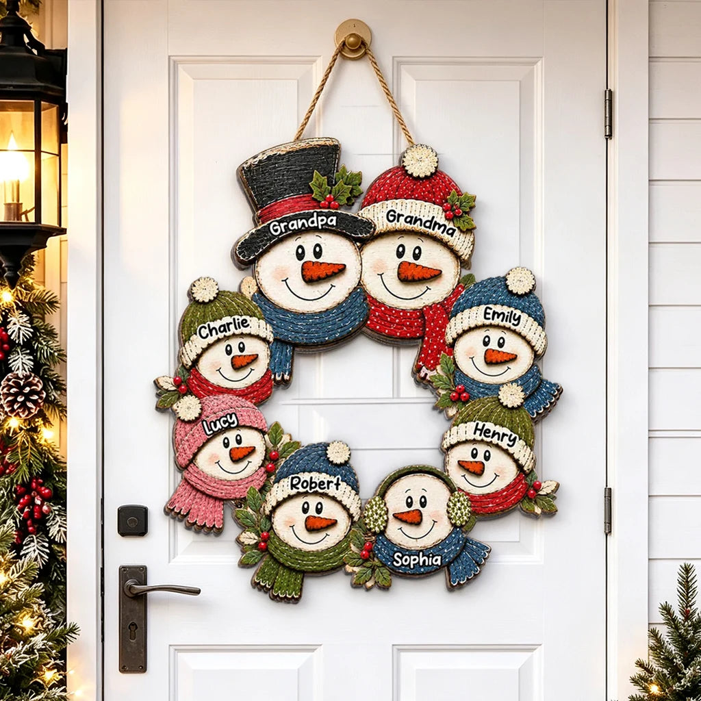 Personalized Wooden Sign, Rustic Snowman Family Wreath for Door or Porch, Unique Christmas Gift for Grandparents