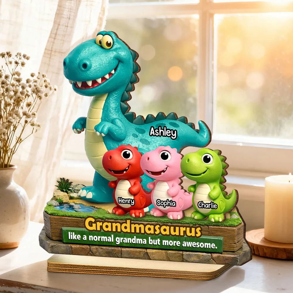 2-Layer Wooden Plaque Personalized Grandmasaurus With Cute Dino Kids - Sweet Living Room or Nursery Display, Creative Gift for Grandma