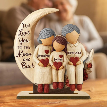 Personalized 2-Layer Wooden Plaque Grandma Grandpa and Grandchild on Moon We Love You to the Moon and Back Unique Gift