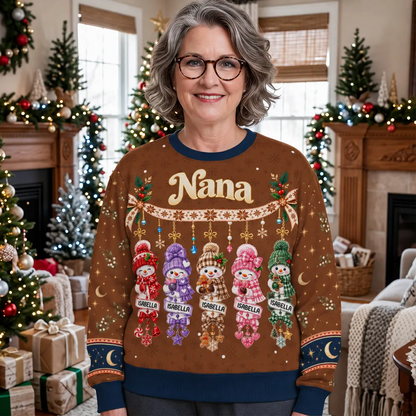 Grandma Printed Sweatshirt, Personalized Snowman Family in Festive Red, Creative Christmas Gift from Grandkids
