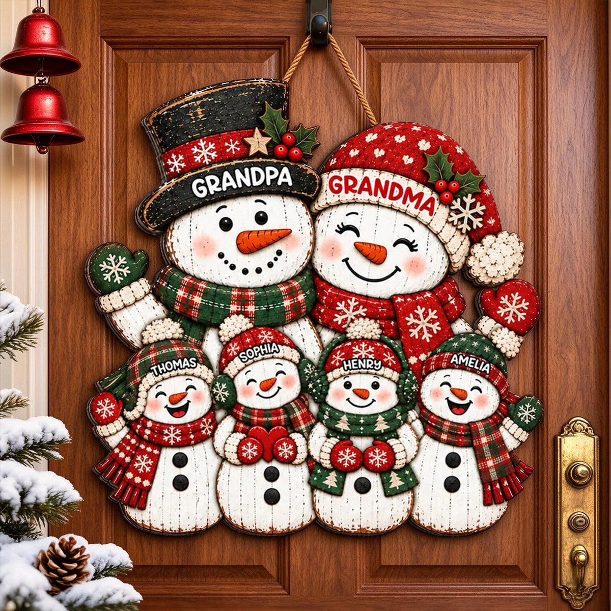 Personalized Wooden Sign, Festive Snowman Family Door Decor, Unique Christmas Gift for Grandparents