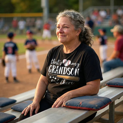Personalized Dual Print Classic Tee That's My Grandson Out There Baseball Fan Gift for Proud Grandma