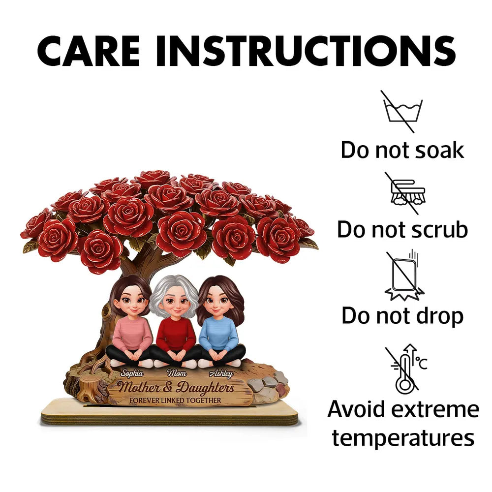 Personalized 2-Layer Wooden Plaque Rose Tree Mom and Daughters Cute Cartoon Keepsake, Unique Gift for Mom