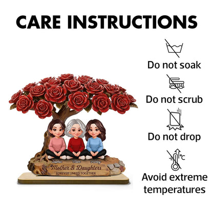 Personalized 2-Layer Wooden Plaque Rose Tree Mom and Daughters Cute Cartoon Keepsake, Unique Gift for Mom