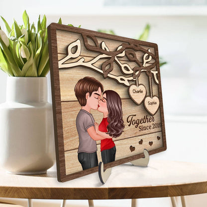 Enchanted Love - Personalized 'Couple Kissing Under Tree' Wooden Plaque - A Perfect Valentine's & Anniversary Gift for Him and Her
