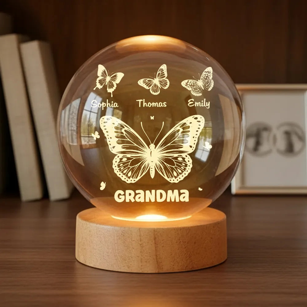 Butterfly Glow Globe Lamp Personalized for Grandma, Cozy Bedside Decor, Thoughtful Unique Gift from Grandkids