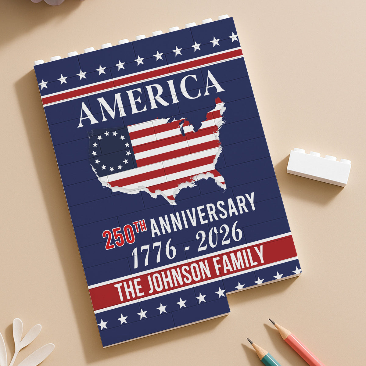 Custom Patriotic PVC Building Brick Puzzle for America 250th Anniversary, USA Flag Map Design, Meaningful Family Gift