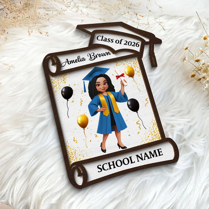 Class of Graduation 2-Layer Wooden Plaque Personalized Keepsake With Cap And Balloons For Desk Or Shelf Heartfelt Gift