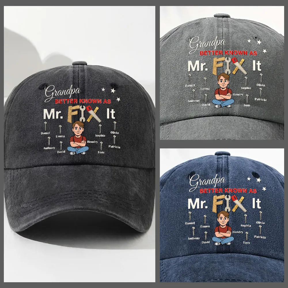 Custom Washed Denim Baseball Cap For Grandpa, Creative Handyman Gift With Tool Art
