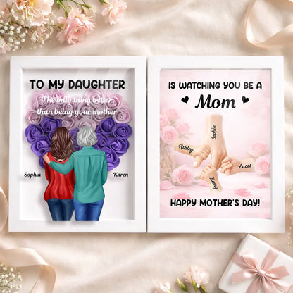 Personalized Foldable Floral Shadow Box, Mom and Daughter Hugging Art, Mother's Day Heartfelt Keepsake, Unique Gift for Mom
