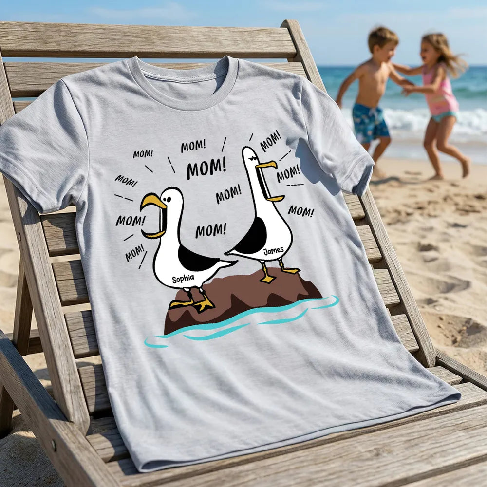 Personalized Seagull Mom Classic Tee, Funny 'MOM!' Cartoon Shirt, Unique Mother's Day Gift for Mom