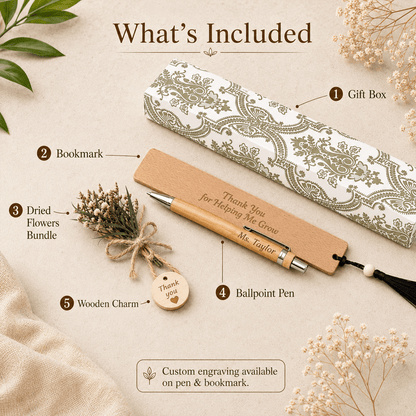 Personalized Wooden Pen & Bookmark Gift Set with Dried Flowers, Custom Engraved Thank You Gift for Teachers, Friends & Coworkers