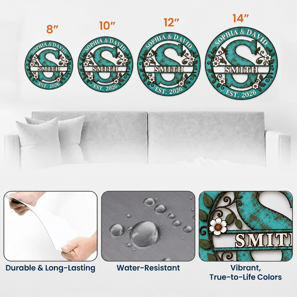 Personalized Shaped Metal Sign, Teal Floral Monogram for a Sunlit Porch, Unique Housewarming Gift for Family