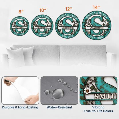 Personalized Shaped Metal Sign, Teal Floral Monogram for a Sunlit Porch, Unique Housewarming Gift for Family