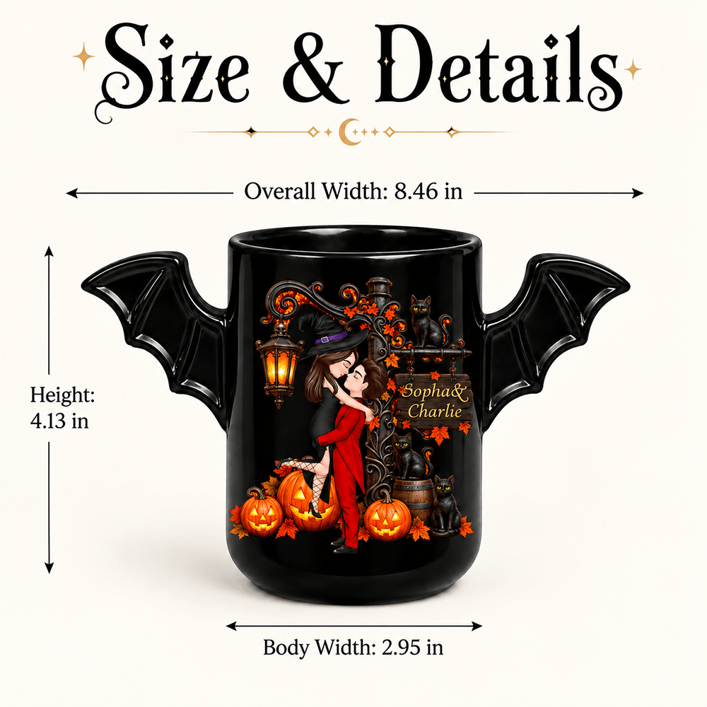 Personalized Halloween Couple Gift – Custom Name Bat Wing Ceramic Mug or Two-Layer Wooden Plaque