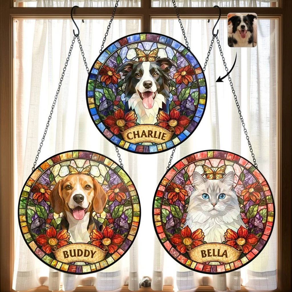 Personalized Glass Suncatcher Ornament, Stained Glass Style Pet Portrait, Unique Gift for Pet Lovers