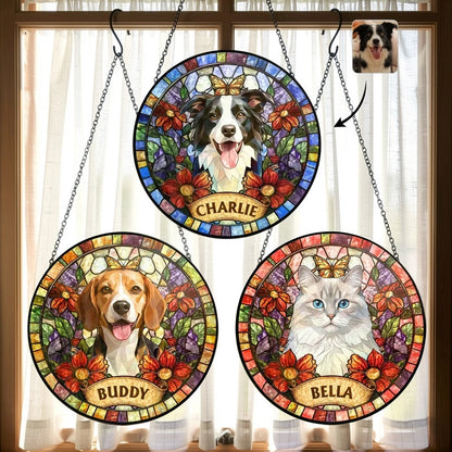 Personalized Glass Suncatcher Ornament, Stained Glass Style Pet Portrait, Unique Gift for Pet Lovers