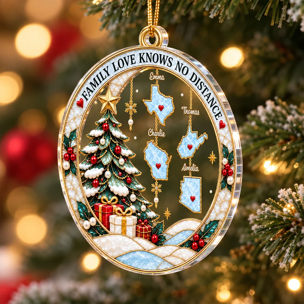 Personalized Acrylic Ornament, Snowy Christmas Tree and Family Map Scene, Creative Gift for Long-Distance Family