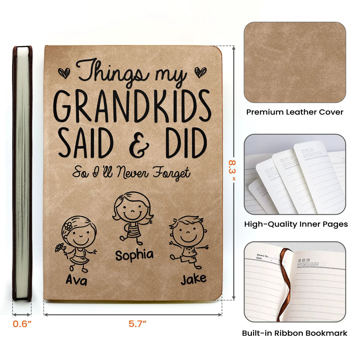Leather Journal Personalized With Cute Grandkid Doodles, A Heartwarming Memory Book, Unique Gift for Grandparents