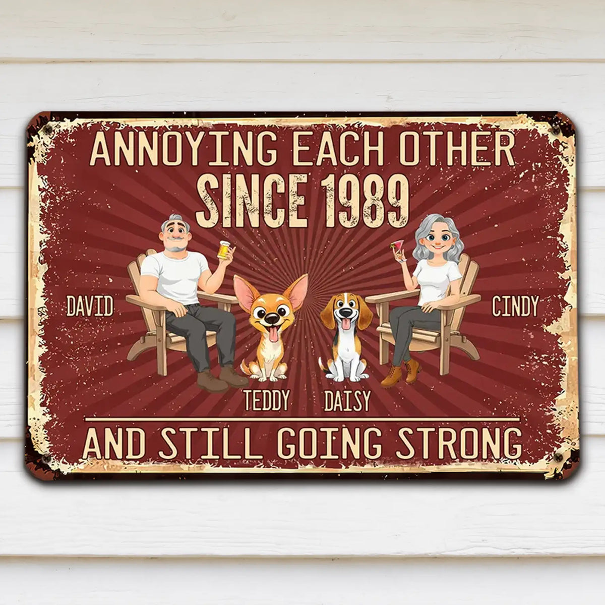 Personalized Rectangular Iron Sign, Seated Couple With Dogs, Vintage Red Unique Creative Gift