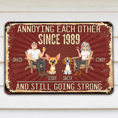 Personalized Rectangular Iron Sign, Seated Couple With Dogs, Vintage Red Unique Creative Gift