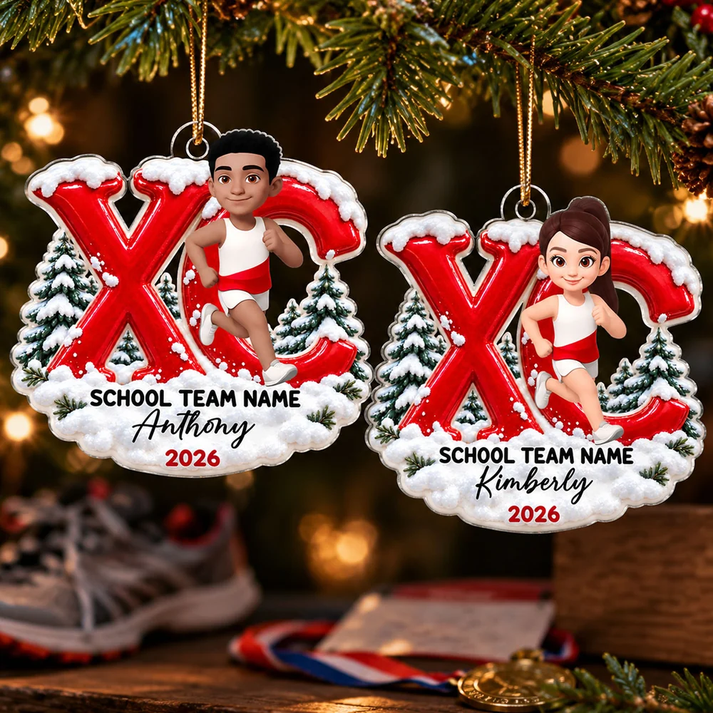 Acrylic Ornament, Cartoon Runner with Red XC Design & Snowy Pines, Creative Holiday Gift for Running Enthusiasts