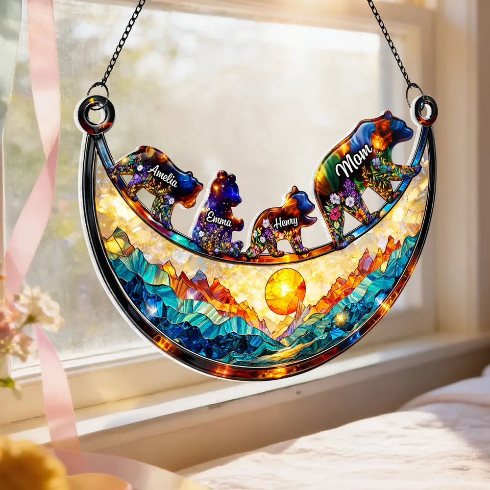 Personalized Mama Bear Acrylic Suncatcher Ornament, Colorful Stained Glass Style Window Decor, Unique Gift for Mom