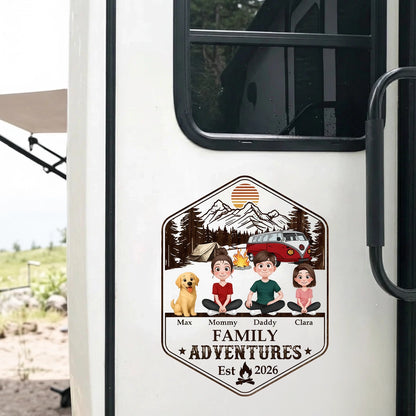Family Adventures Sticker Decal, Custom Mountain RV Decor, Creative Gift for Mom, Dad & Dog Lovers