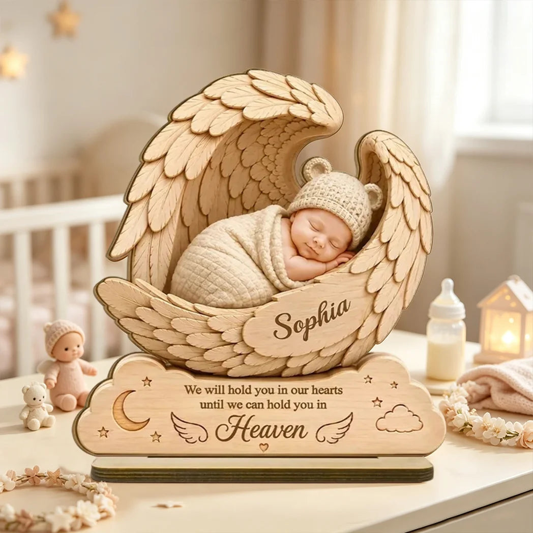 Personalized 2-Layer Wooden Plaque, Sleeping Baby in Angel Wings, Unique Infant Loss Memorial Gift for Parents