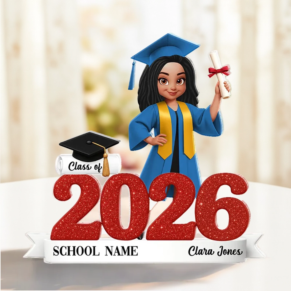 Personalized Class of Graduation Shaped Acrylic Block Plaque, Cute Grad Holding Diploma Shelf Decor, Unique Gift