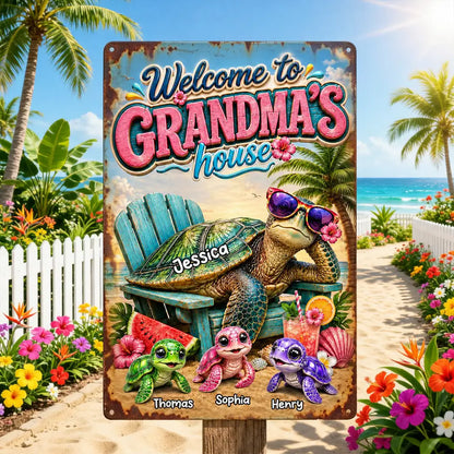 Rectangular Iron Sign for Grandma, Personalized Turtle Family Beach Scene, Creative Gift for Her