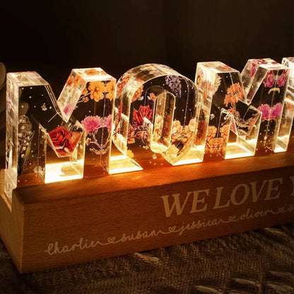 Personalized Block LED Light Plaque with Floral MOMMY Design and Warm Glow for Bedroom or Desk, Unique Gift for Mom