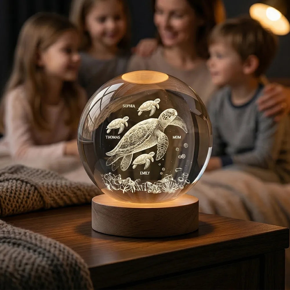 Sea Turtle Family Globe Lamp Night Light, Personalized Keepsake Gift for Mom, Soft Warm Light for Cozy Bedside Moments