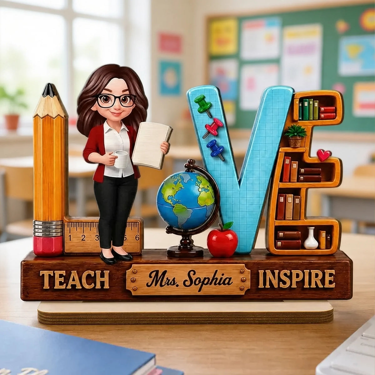 Teach Love Inspire 2-Layer Wooden Plaque, Colorful School Desk Decor, Creative Personalized Teacher Gift