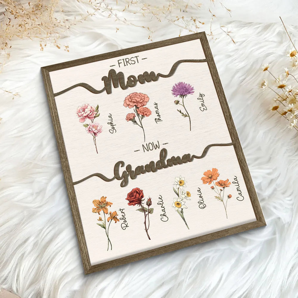 Personalized 2-Layer Wooden Plaque First Mom Now Grandma Floral Keepsake for Grandma - Unique Family Gift