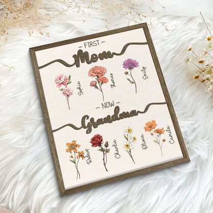 Personalized 2-Layer Wooden Plaque First Mom Now Grandma Floral Keepsake for Grandma - Unique Family Gift