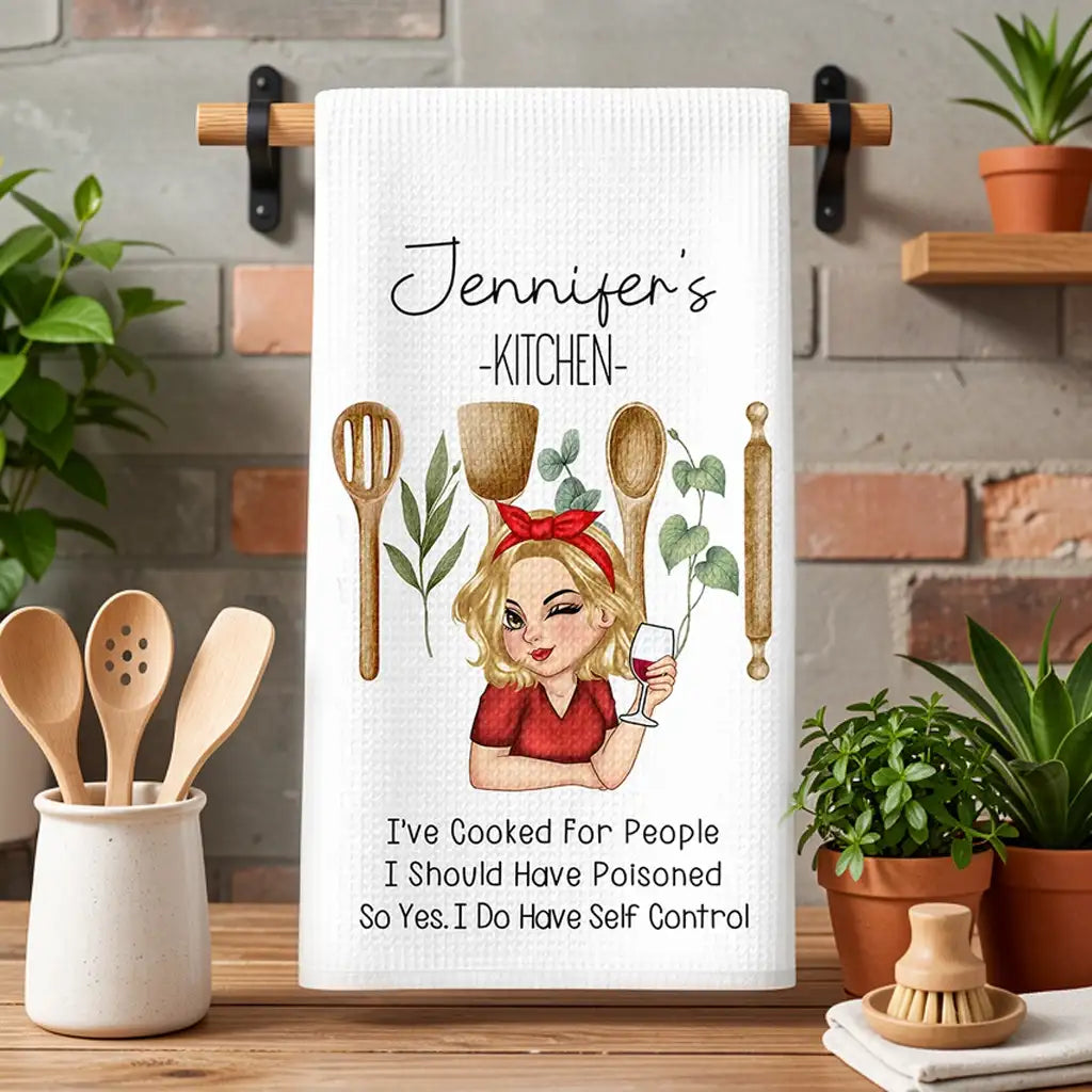 Personalized Kitchen Towel with Funny Cooking Quote and Wine Girl Illustration, Unique Gift for Home Cooks