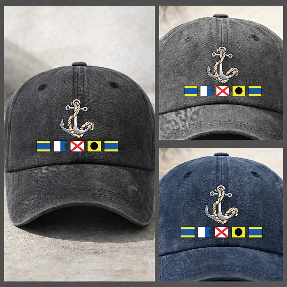 Washed Denim Baseball Cap with Boat Anchor and Nautical Flags - Coastal Style Unique Gift for Sailors and Boat Lovers