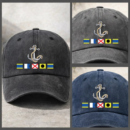 Washed Denim Baseball Cap with Boat Anchor and Nautical Flags - Coastal Style Unique Gift for Sailors and Boat Lovers