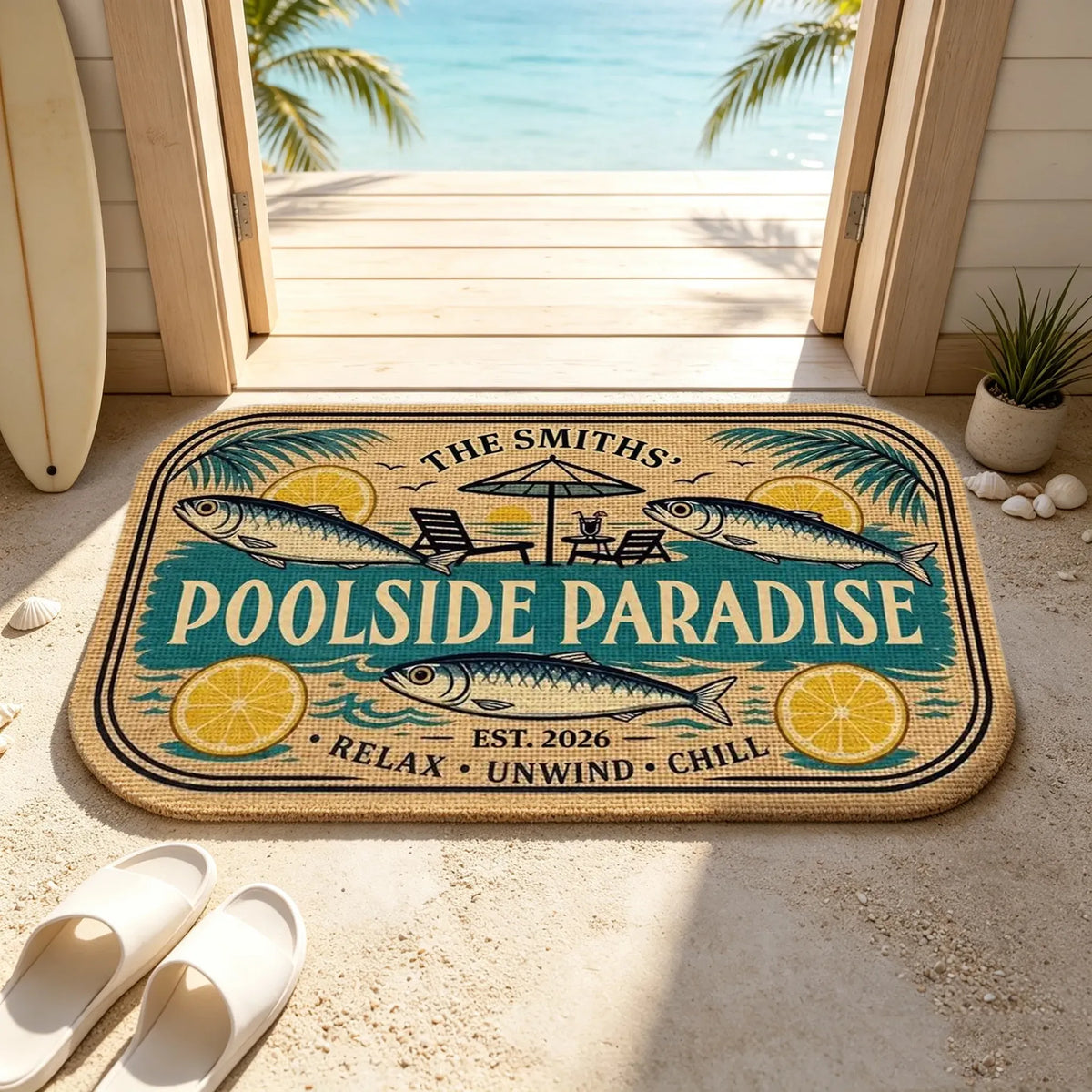 Personalized Standard Doormat, Poolside Fish & Citrus Art for Homeowners, Unique Creative Gift