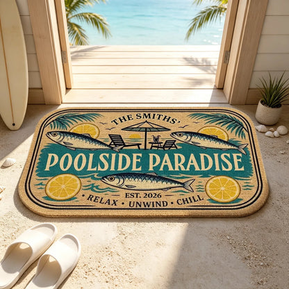 Personalized Standard Doormat, Poolside Fish & Citrus Art for Homeowners, Unique Creative Gift