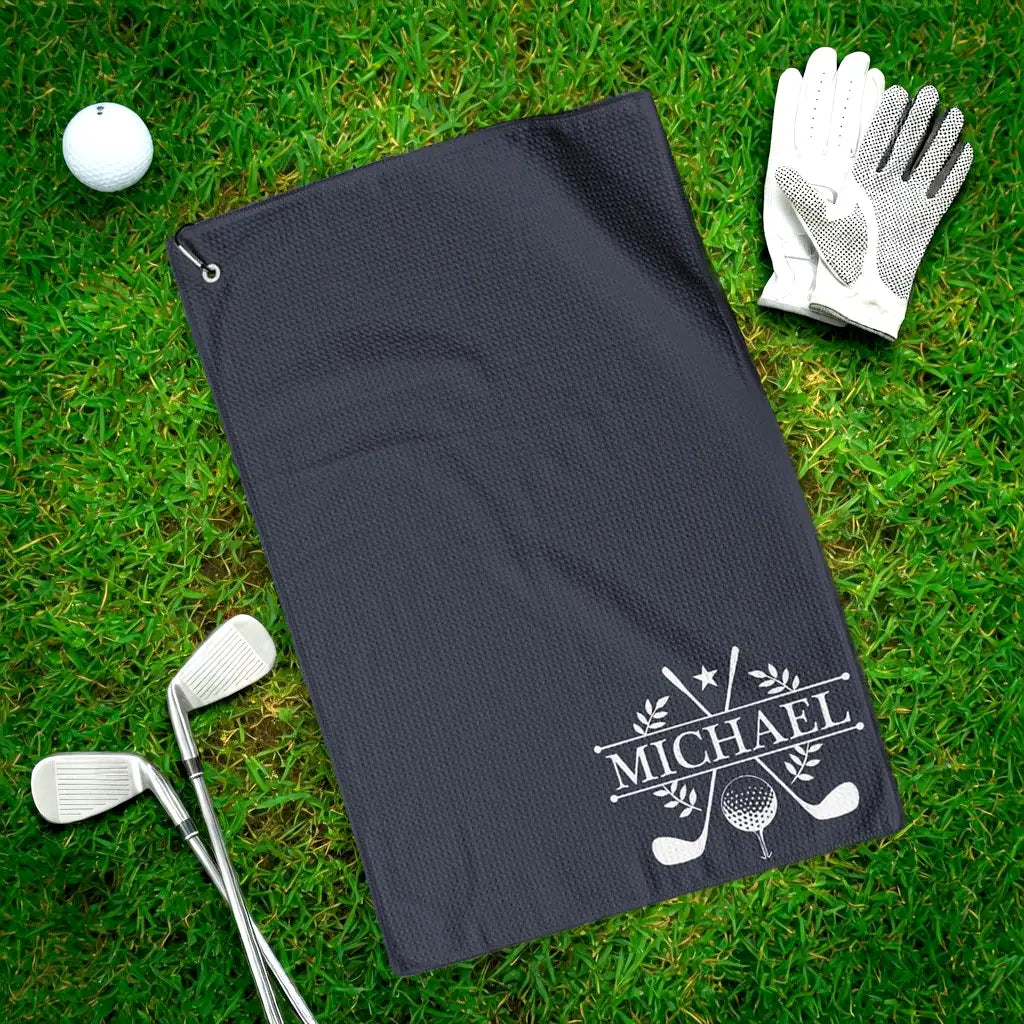Personalized Waffle Weave Golf Towel with Clubs & Ball, Unique Gift for Golfers & Dad