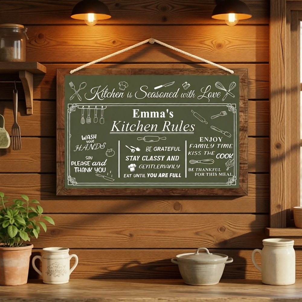 Custom Name Kitchen Rules Wood Sign, Personalized Vintage Green Wall A ...