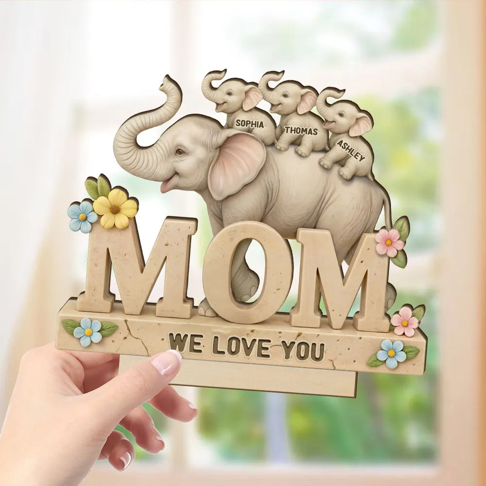 Personalized 2-Layer Wooden Plaque with Elephant Mom and Calves, We Love You Message, Unique Gift for Mom