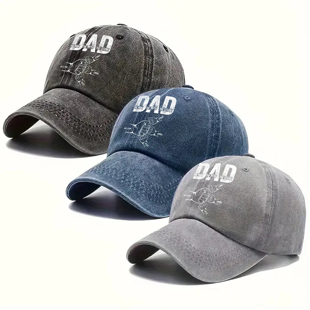 Personalized Washed Denim Baseball Cap with Dad The Man The Myth The Legend, Casual Everyday Wear, Unique Gift for Dad